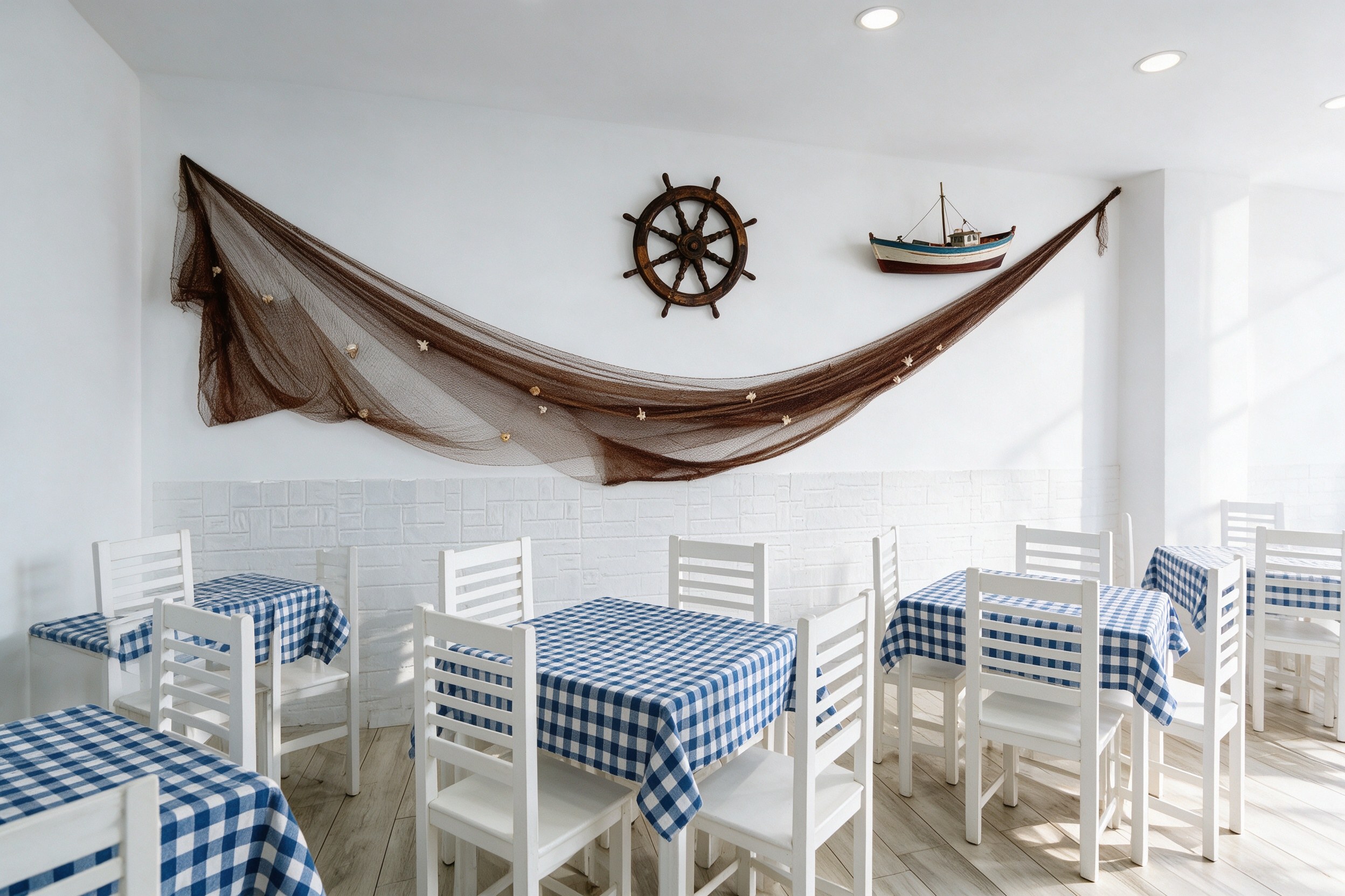 Comedor moderno blanco y luminoso con manteles de cuadro azul y blanco, maqueta de barco y red de pesca