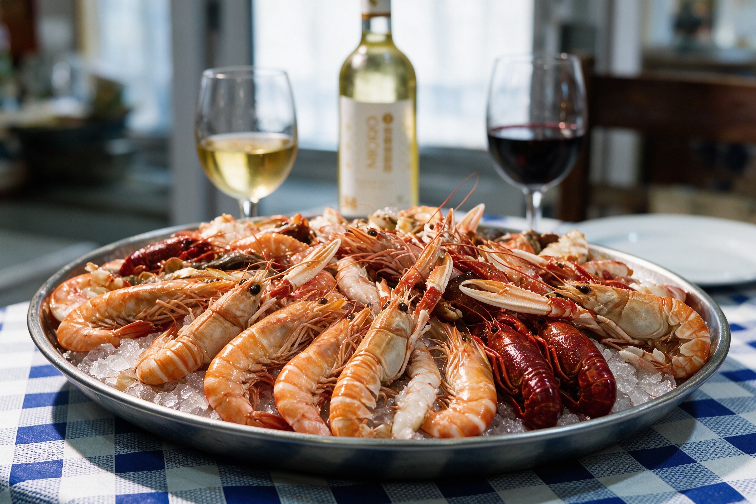 Gran bandeja ovalada de marisco fresco con gambas, langostinos y cigalas sobre hielo con vino blanco