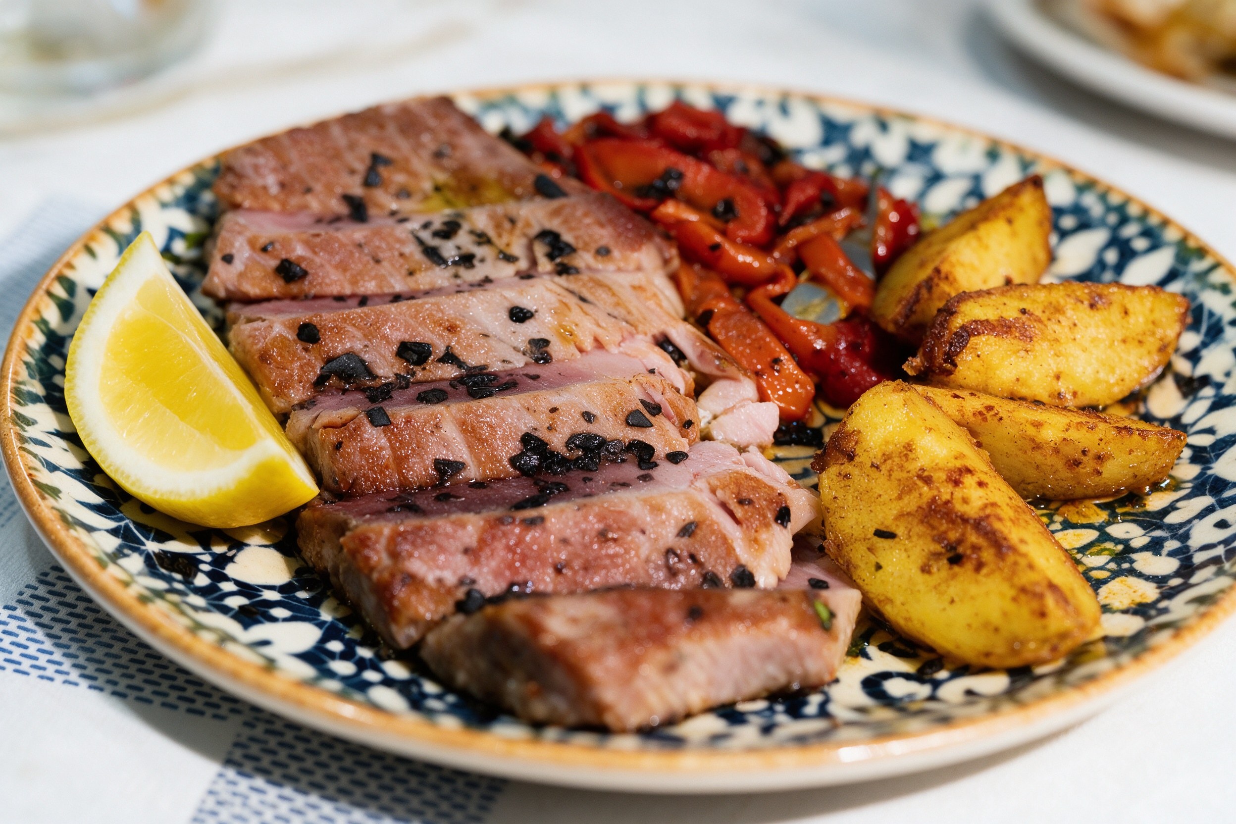 Láminas de atún marcado con sésamo negro junto a pimientos rojos asados y patatas en plato cerámico azul