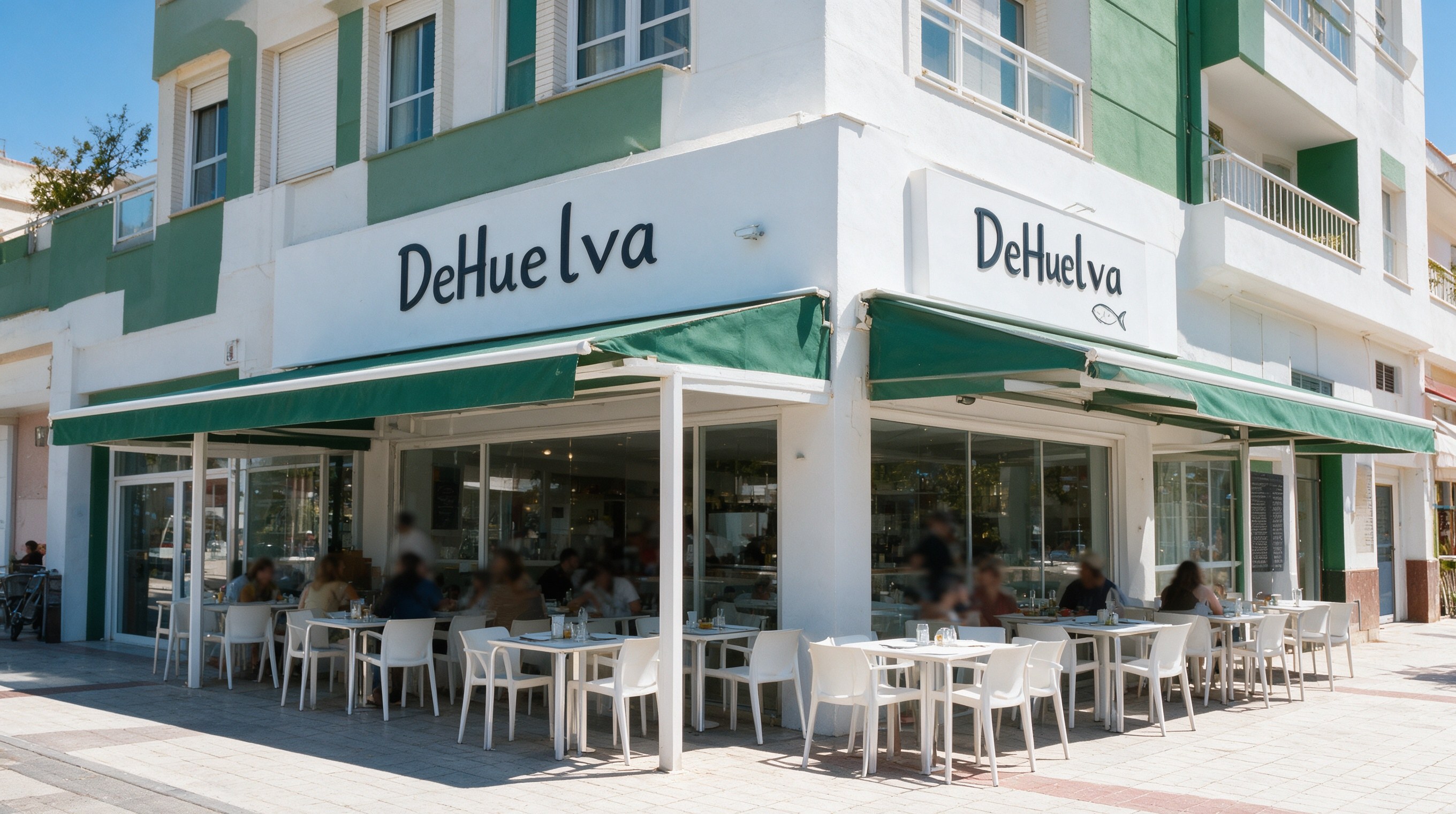 Fachada clara moderna con terraza de sillas blancas bajo toldo verde y rótulo DeHuelva de marisquería